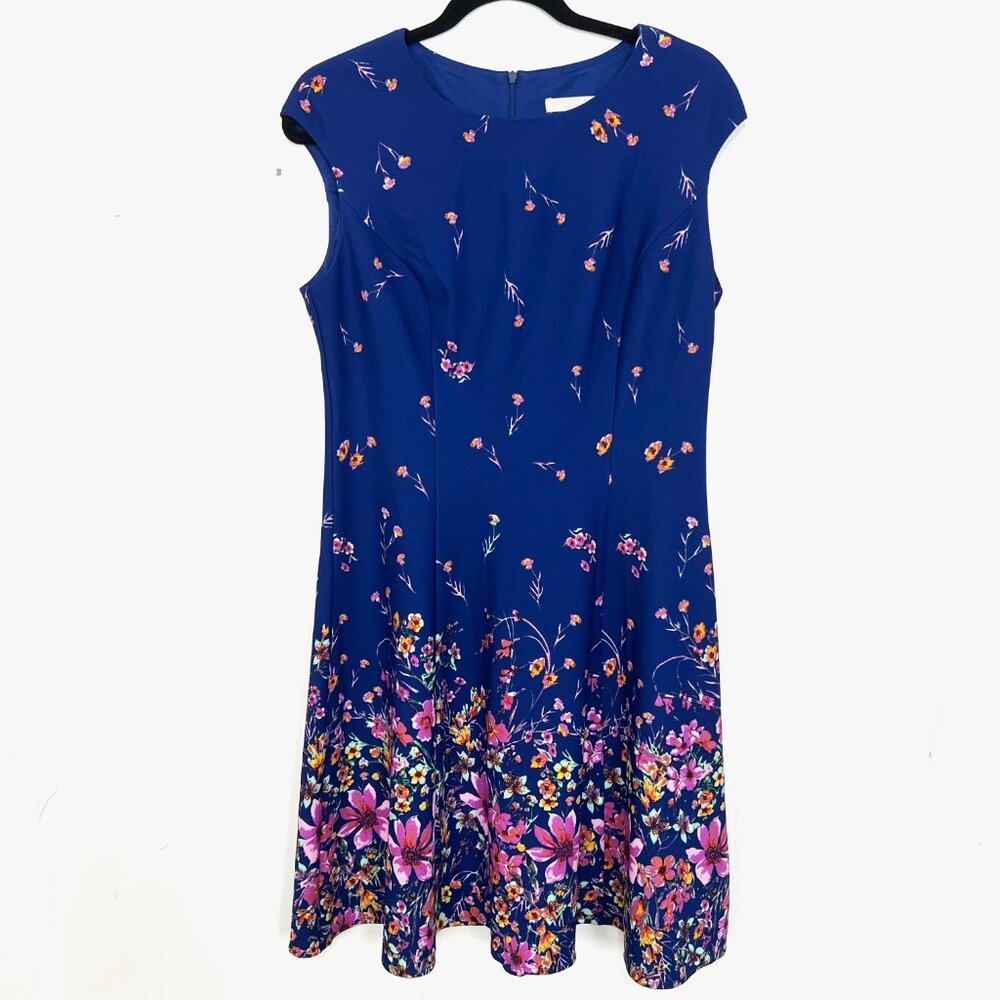 London Times Cobalt Blue Floral Fit and Flare Dress 10P 10 Petite Medium